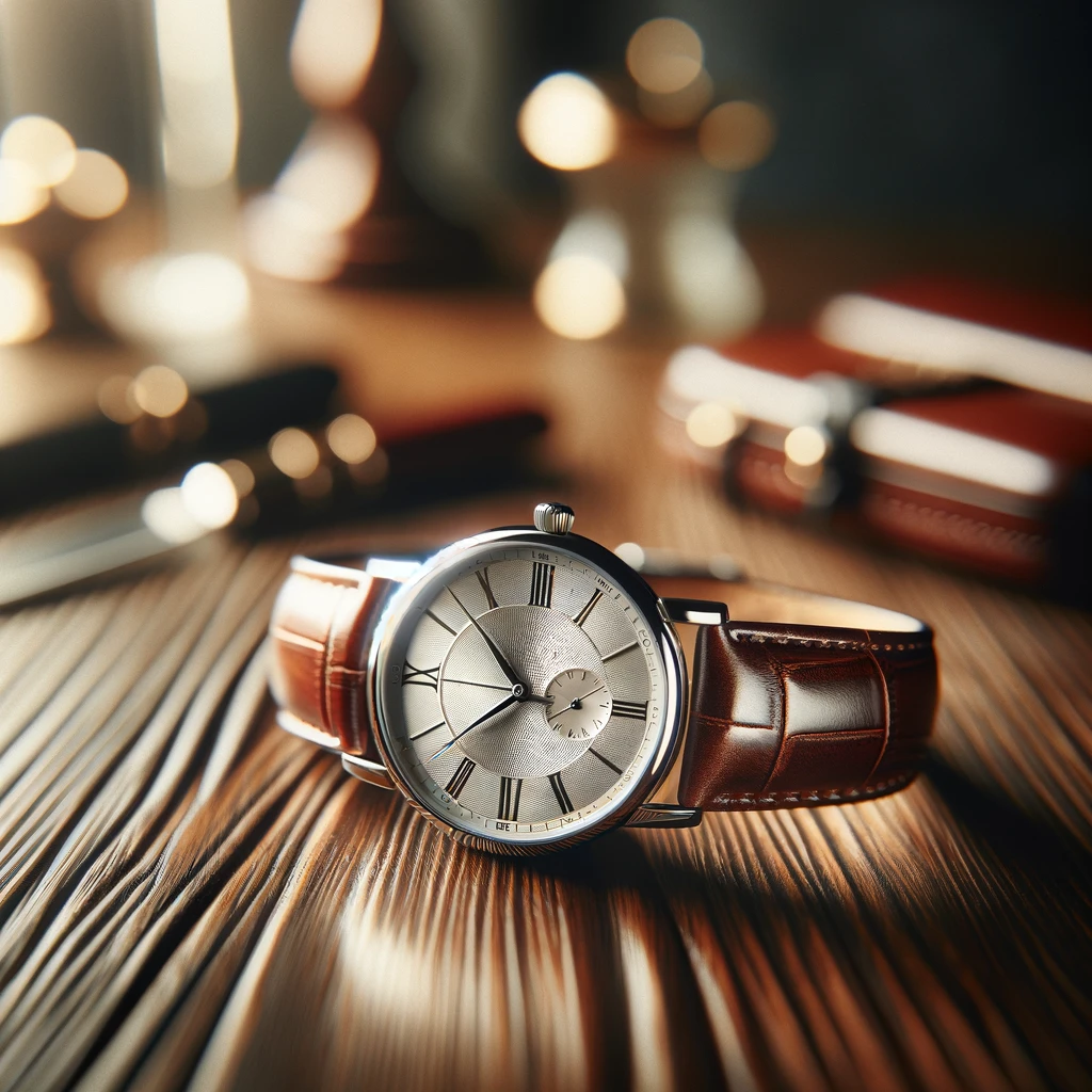 A sophisticated analog wristwatch on a polished wooden table, showcasing classic design with a leather strap, elegant hands, and a detailed face with Roman numerals. The setting conveys luxury and timeless style, ideal for a professional or formal context, with soft lighting and a blurred background that emphasizes the watch.