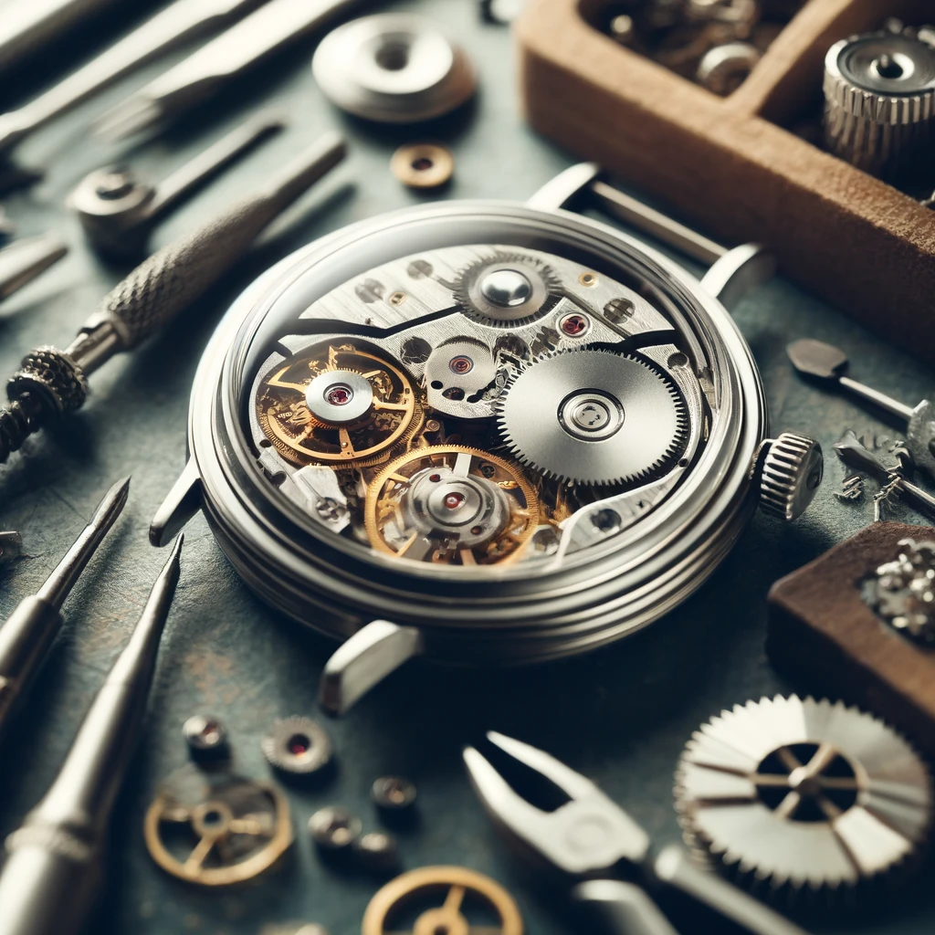 An intricate vintage mechanical wristwatch laid out on a craftsman's workbench, surrounded by watchmaking tools such as tweezers, screwdrivers, and gears. The focus is on the open back of the watch showing the detailed gears and springs, symbolizing the art and precision of traditional watchmaking. The setting is softly lit to highlight the craftsmanship.