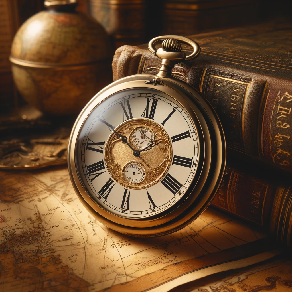 A classic pocket watch with an ornate gold case, open to reveal an intricate face with vintage Roman numerals and delicate hands, set against a backdrop of an old map and antique books, symbolizing exploration and timeless elegance. The lighting is soft and warm, enhancing the rich textures and historical ambiance.