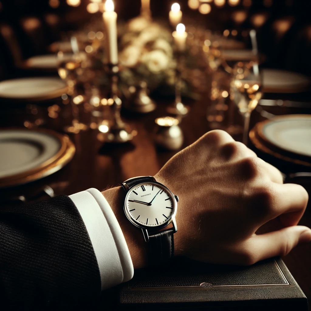 An elegant evening setting with a classic dress watch on a gentleman's wrist. The watch features a slim black leather strap and a polished stainless steel case with a simple, refined face. The background shows a luxurious dinner table with low lighting, candles, and sophisticated decor, emphasizing the watch's suitability for formal events and high-end social gatherings.