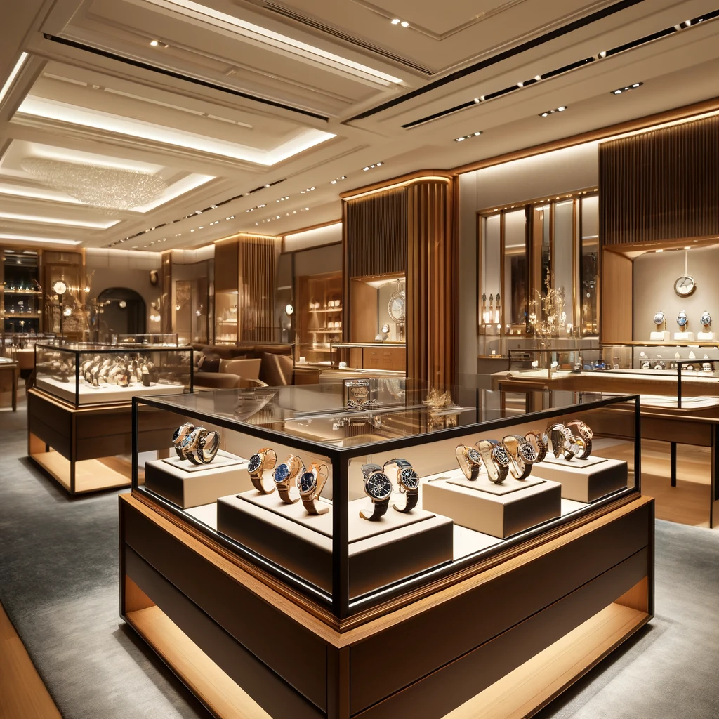 A luxurious watch shop interior, elegantly designed with a variety of high-end wristwatches displayed in polished glass cases. The shop features soft lighting, wooden panels, and plush carpets, creating a sophisticated and inviting atmosphere. The setting emphasizes the wide selection of watches, from classic to modern styles, ideal for a discerning clientele.