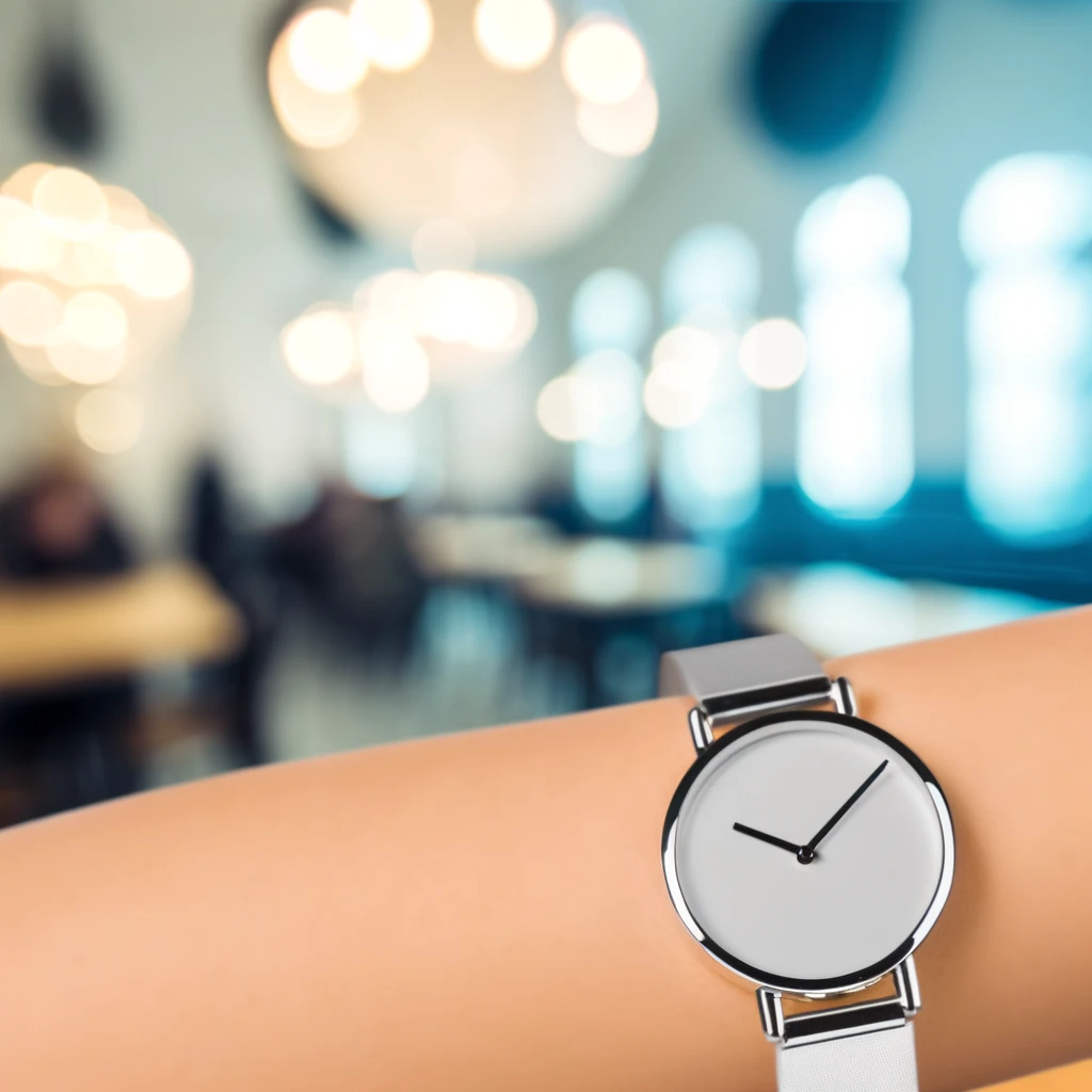 A sleek, modern women's wristwatch with a minimalist design on a female wrist, featuring a thin metal band and a simple, elegant face with stick indices. The background shows a fashionable, urban café setting with soft, ambient lighting and a blurred bokeh effect, emphasizing a chic, contemporary lifestyle.